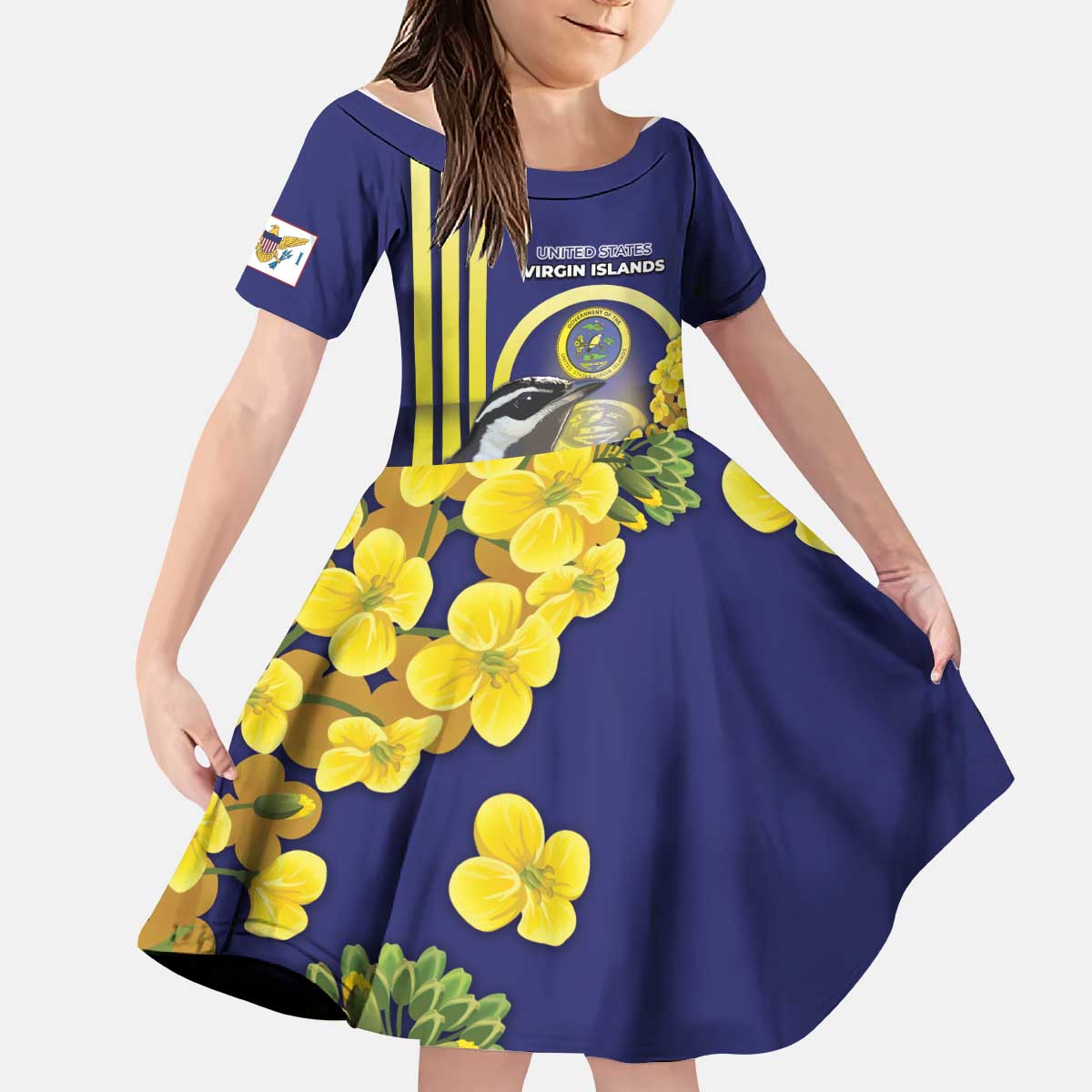 Personalized United States Virgin Islands Kid Short Sleeve Dress Bananaquit Bird With Yellow Sage Flowers - Wonder Print Shop