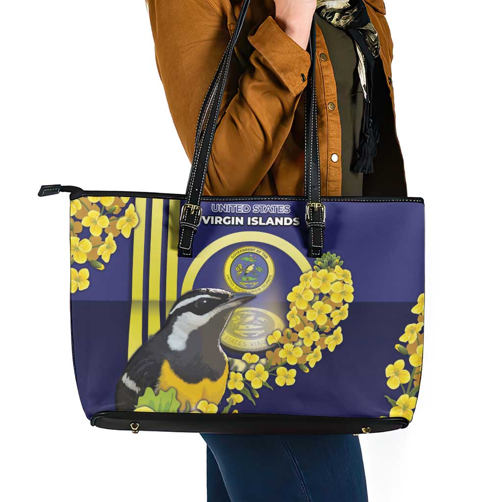 United States Virgin Islands Leather Tote Bag Bananaquit Bird With Yellow Sage Flowers - Wonder Print Shop