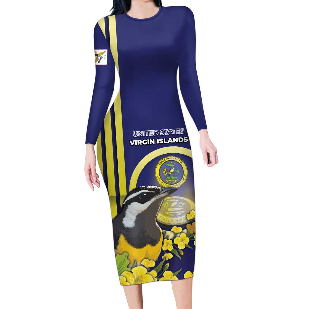 Personalized United States Virgin Islands Long Sleeve Bodycon Dress Bananaquit Bird With Yellow Sage Flowers - Wonder Print Shop