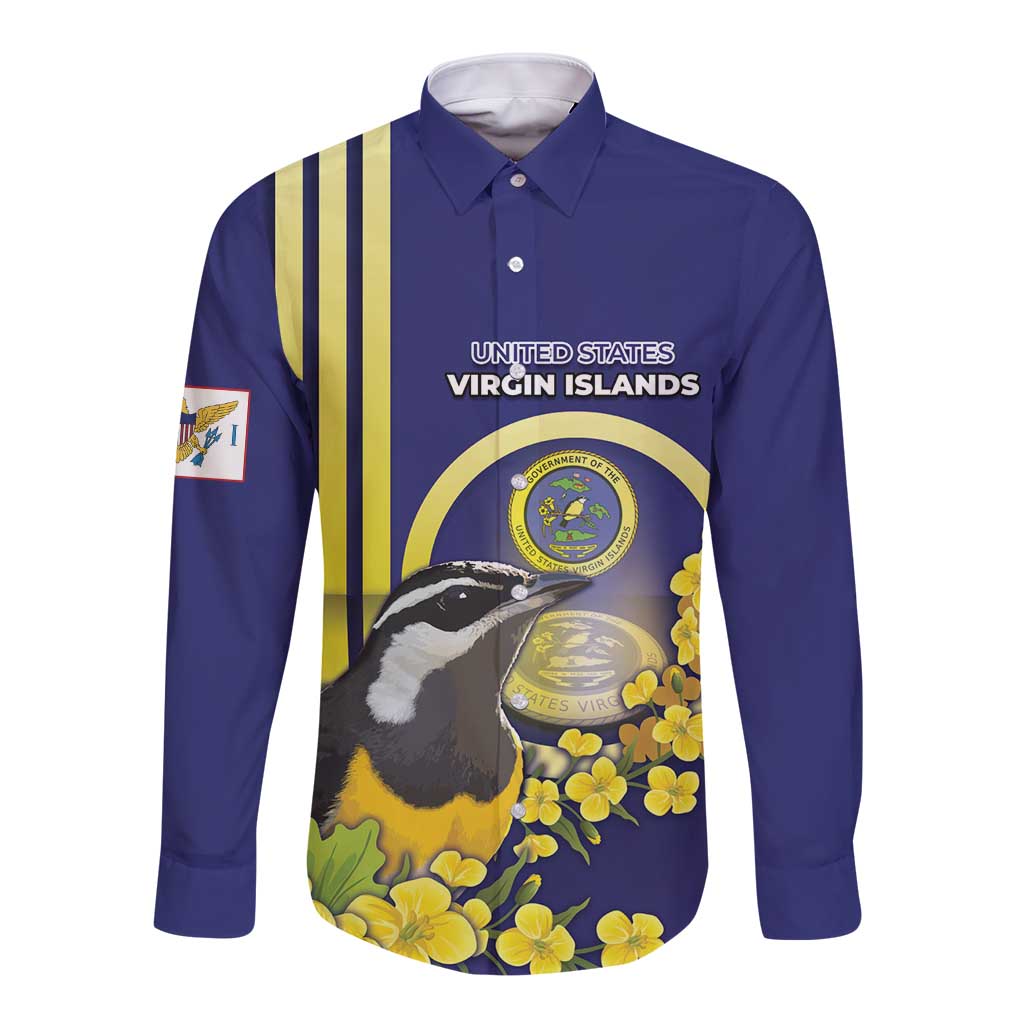 Personalized United States Virgin Islands Long Sleeve Button Shirt Bananaquit Bird With Yellow Sage Flowers - Wonder Print Shop