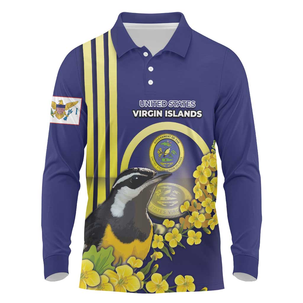 Personalized United States Virgin Islands Long Sleeve Polo Shirt Bananaquit Bird With Yellow Sage Flowers - Wonder Print Shop