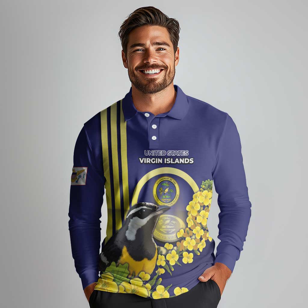 Personalized United States Virgin Islands Long Sleeve Polo Shirt Bananaquit Bird With Yellow Sage Flowers - Wonder Print Shop
