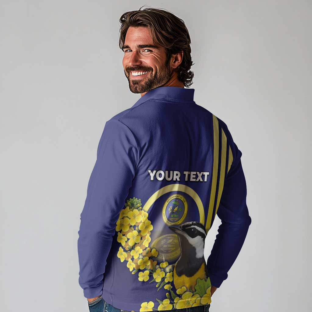 Personalized United States Virgin Islands Long Sleeve Polo Shirt Bananaquit Bird With Yellow Sage Flowers - Wonder Print Shop