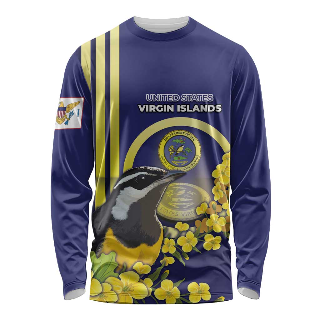Personalized United States Virgin Islands Long Sleeve Shirt Bananaquit Bird With Yellow Sage Flowers - Wonder Print Shop
