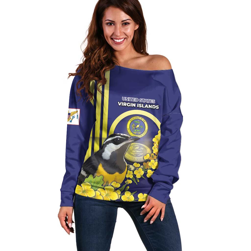 Personalized United States Virgin Islands Off Shoulder Sweater Bananaquit Bird With Yellow Sage Flowers - Wonder Print Shop
