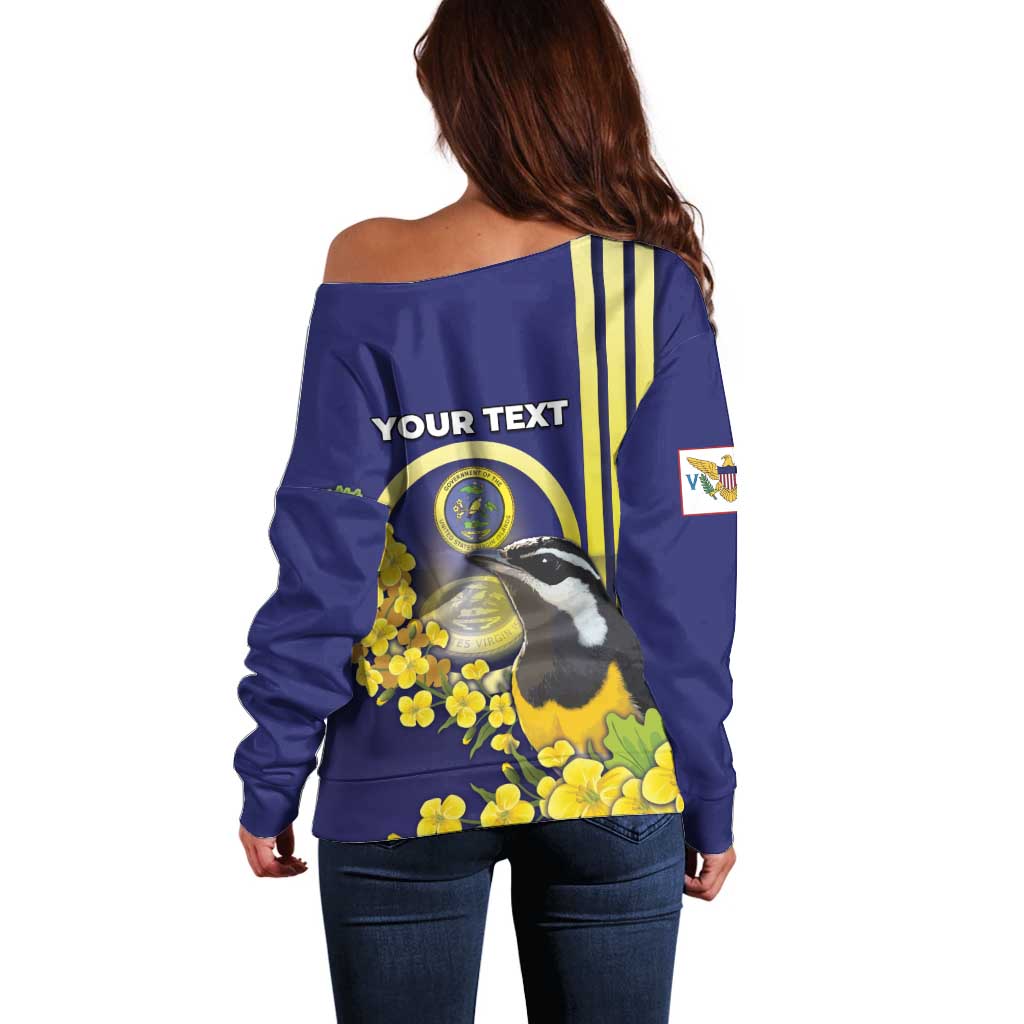 Personalized United States Virgin Islands Off Shoulder Sweater Bananaquit Bird With Yellow Sage Flowers - Wonder Print Shop