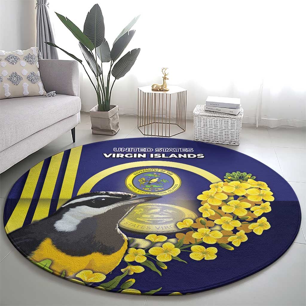 United States Virgin Islands Round Carpet Bananaquit Bird With Yellow Sage Flowers - Wonder Print Shop