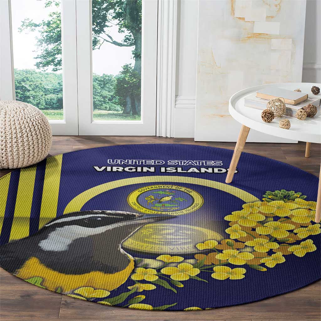 United States Virgin Islands Round Carpet Bananaquit Bird With Yellow Sage Flowers - Wonder Print Shop