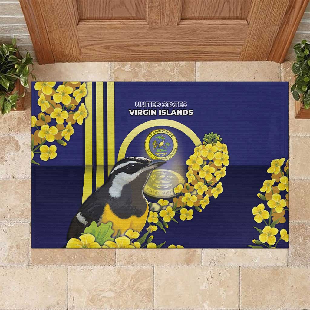 United States Virgin Islands Rubber Doormat Bananaquit Bird With Yellow Sage Flowers - Wonder Print Shop