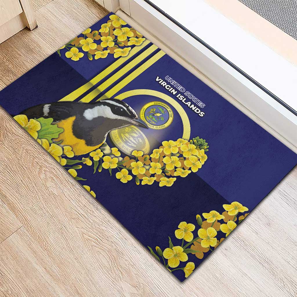 United States Virgin Islands Rubber Doormat Bananaquit Bird With Yellow Sage Flowers - Wonder Print Shop
