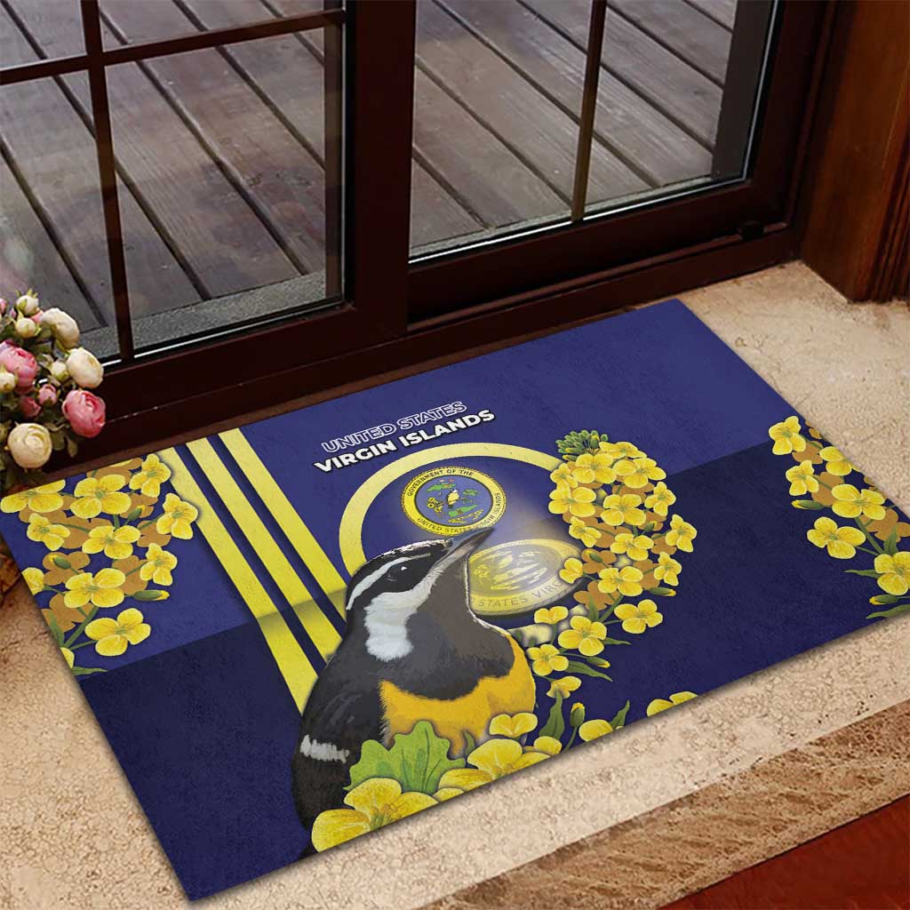 United States Virgin Islands Rubber Doormat Bananaquit Bird With Yellow Sage Flowers - Wonder Print Shop