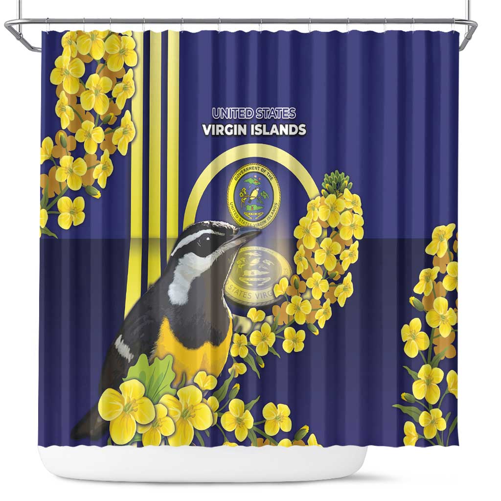 United States Virgin Islands Shower Curtain Bananaquit Bird With Yellow Sage Flowers - Wonder Print Shop