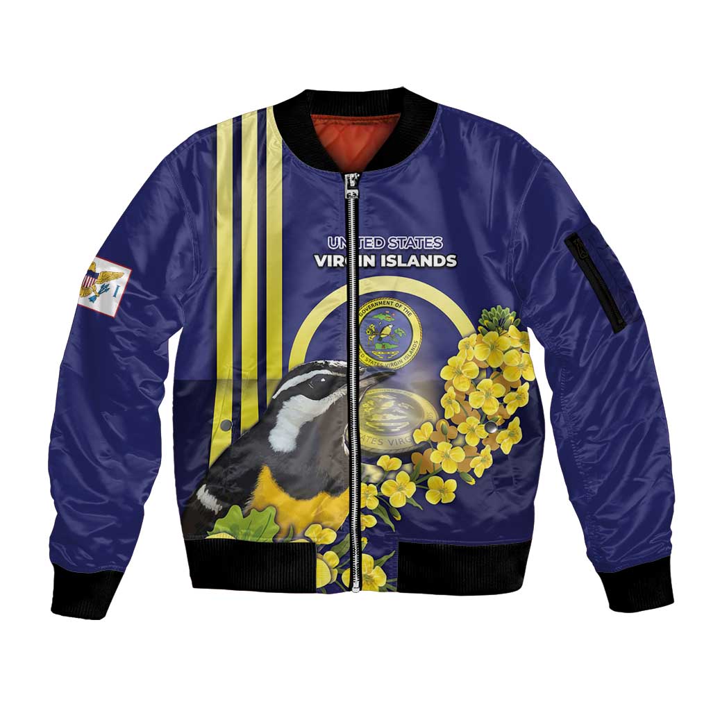Personalized United States Virgin Islands Sleeve Zip Bomber Jacket Bananaquit Bird With Yellow Sage Flowers - Wonder Print Shop