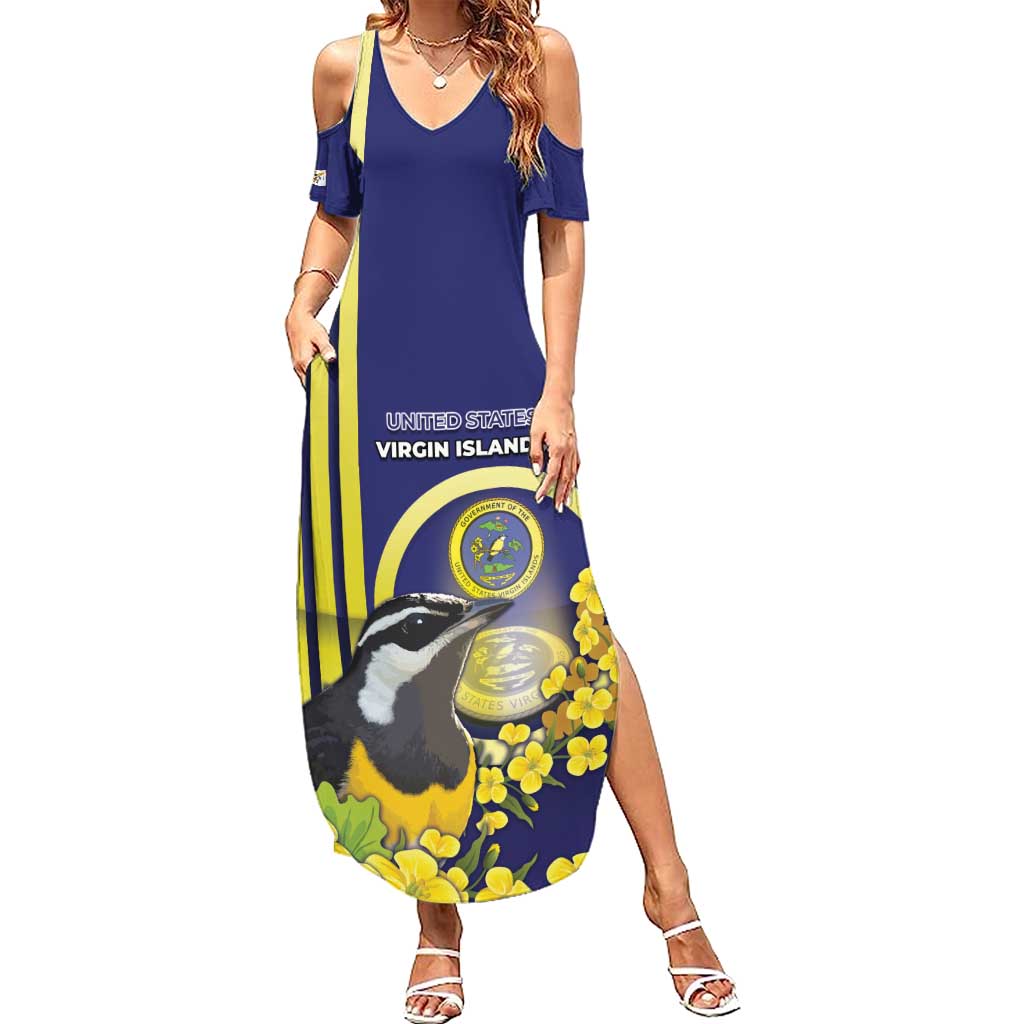 Personalized United States Virgin Islands Summer Maxi Dress Bananaquit Bird With Yellow Sage Flowers - Wonder Print Shop