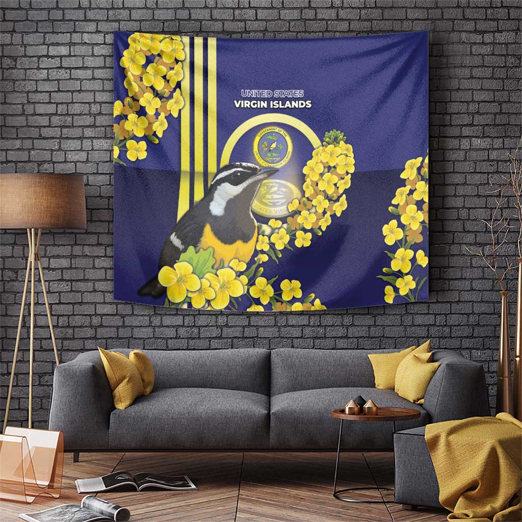 United States Virgin Islands Tapestry Bananaquit Bird With Yellow Sage Flowers - Wonder Print Shop