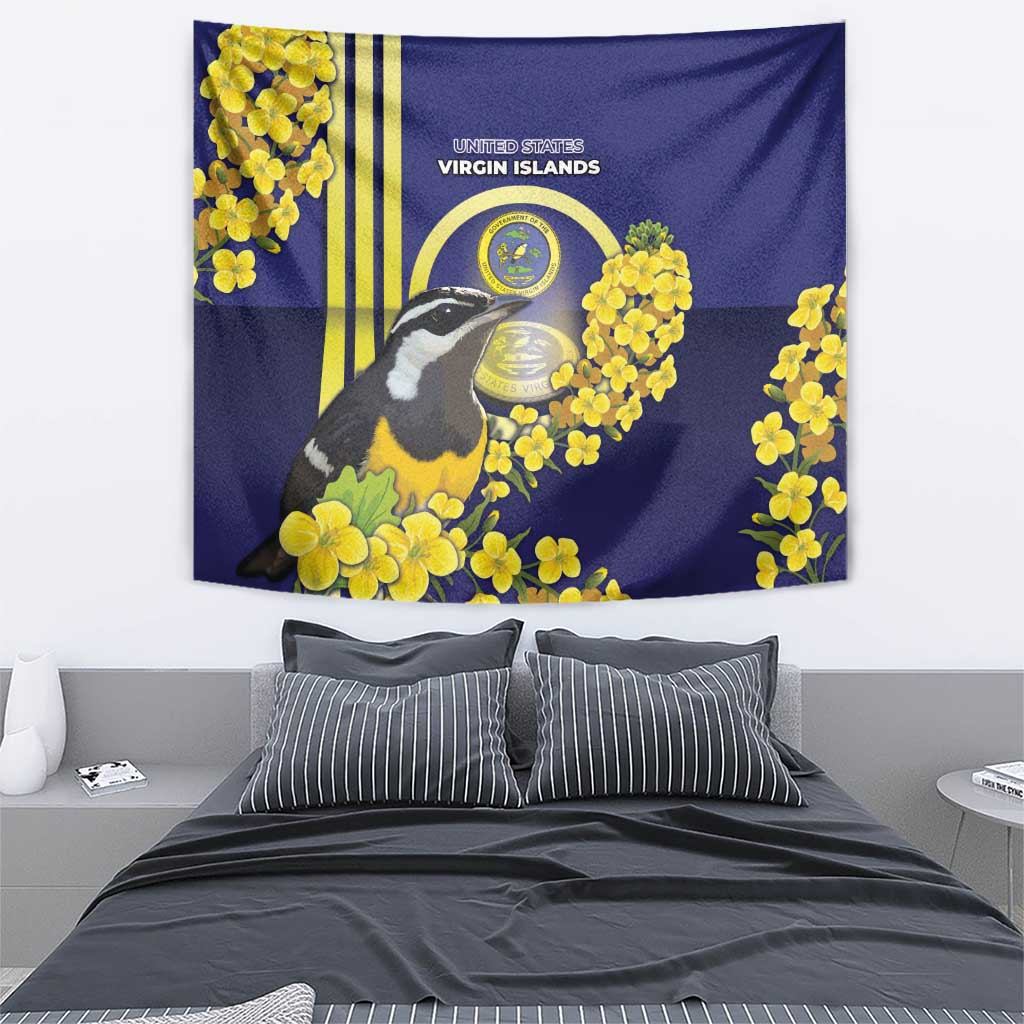 United States Virgin Islands Tapestry Bananaquit Bird With Yellow Sage Flowers - Wonder Print Shop