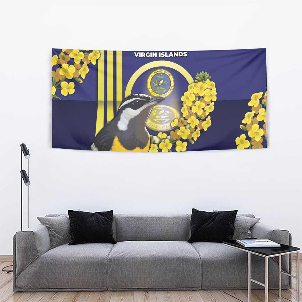 United States Virgin Islands Tapestry Bananaquit Bird With Yellow Sage Flowers - Wonder Print Shop