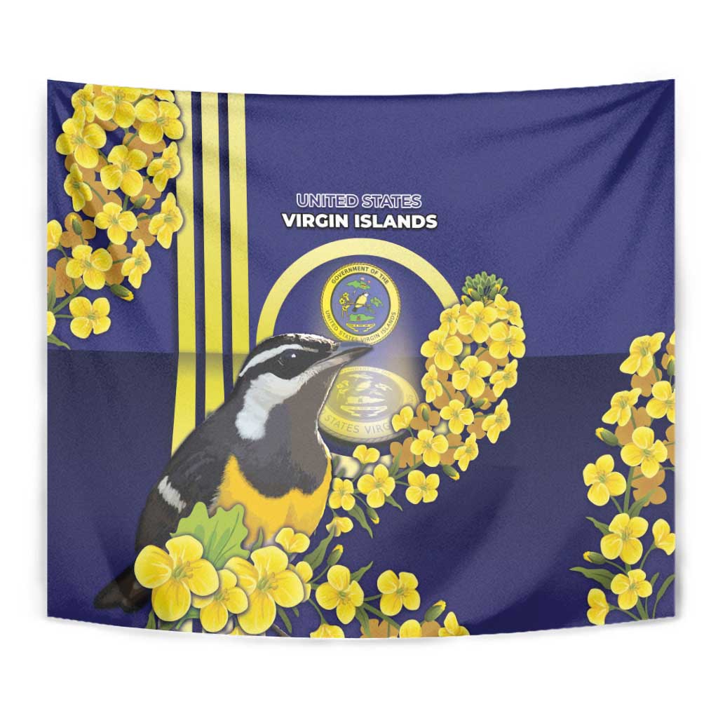 United States Virgin Islands Tapestry Bananaquit Bird With Yellow Sage Flowers - Wonder Print Shop