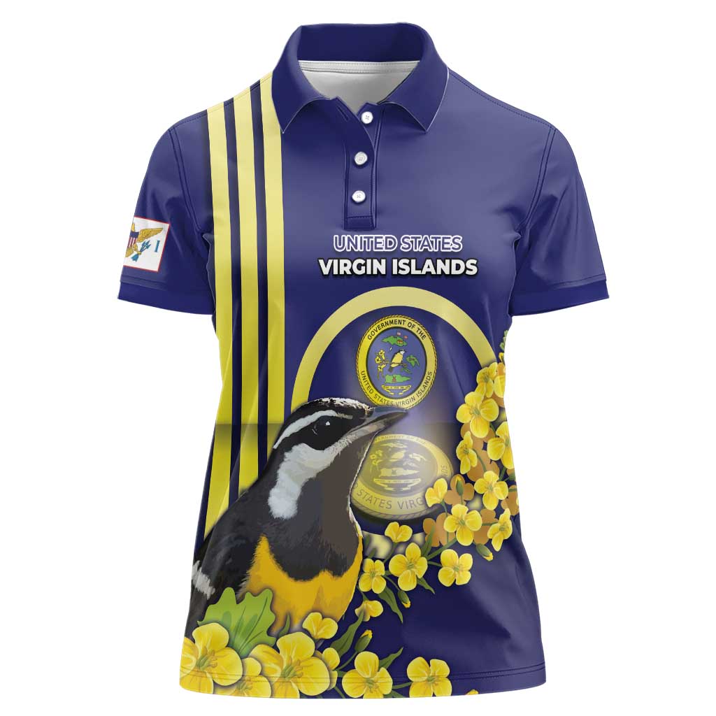 Personalized United States Virgin Islands Women Polo Shirt Bananaquit Bird With Yellow Sage Flowers - Wonder Print Shop