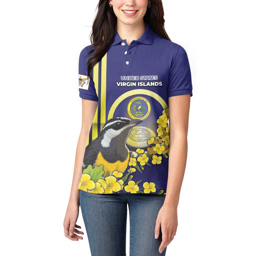Personalized United States Virgin Islands Women Polo Shirt Bananaquit Bird With Yellow Sage Flowers - Wonder Print Shop