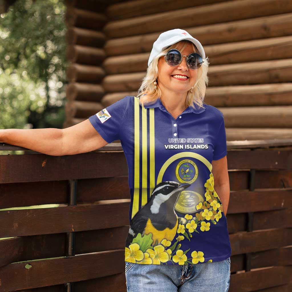Personalized United States Virgin Islands Women Polo Shirt Bananaquit Bird With Yellow Sage Flowers - Wonder Print Shop