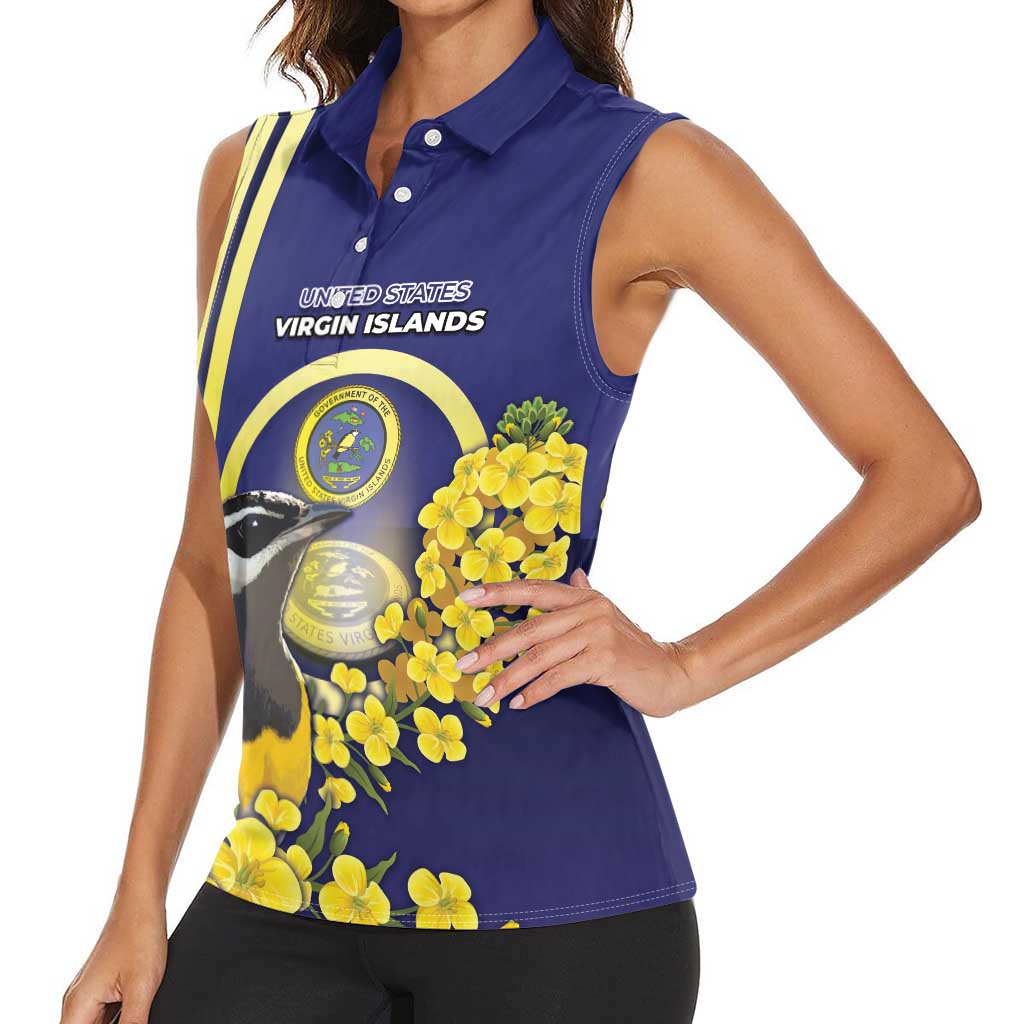 Personalized United States Virgin Islands Women Sleeveless Polo Shirt Bananaquit Bird With Yellow Sage Flowers - Wonder Print Shop