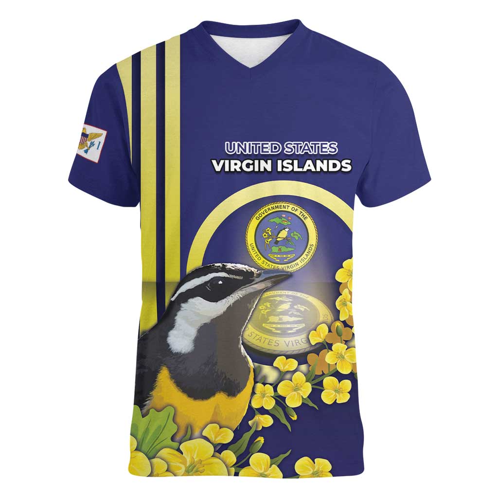 Personalized United States Virgin Islands Women V-Neck T-Shirt Bananaquit Bird With Yellow Sage Flowers - Wonder Print Shop