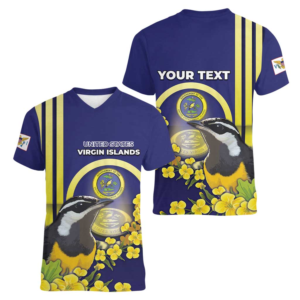 Personalized United States Virgin Islands Women V-Neck T-Shirt Bananaquit Bird With Yellow Sage Flowers - Wonder Print Shop