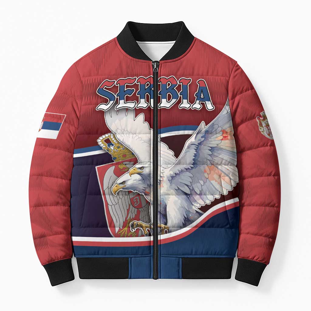 Personalized Serbia Bomber Puffer Jacket White Double Headed Eagle With Coat Of Arms - Wonder Print Shop