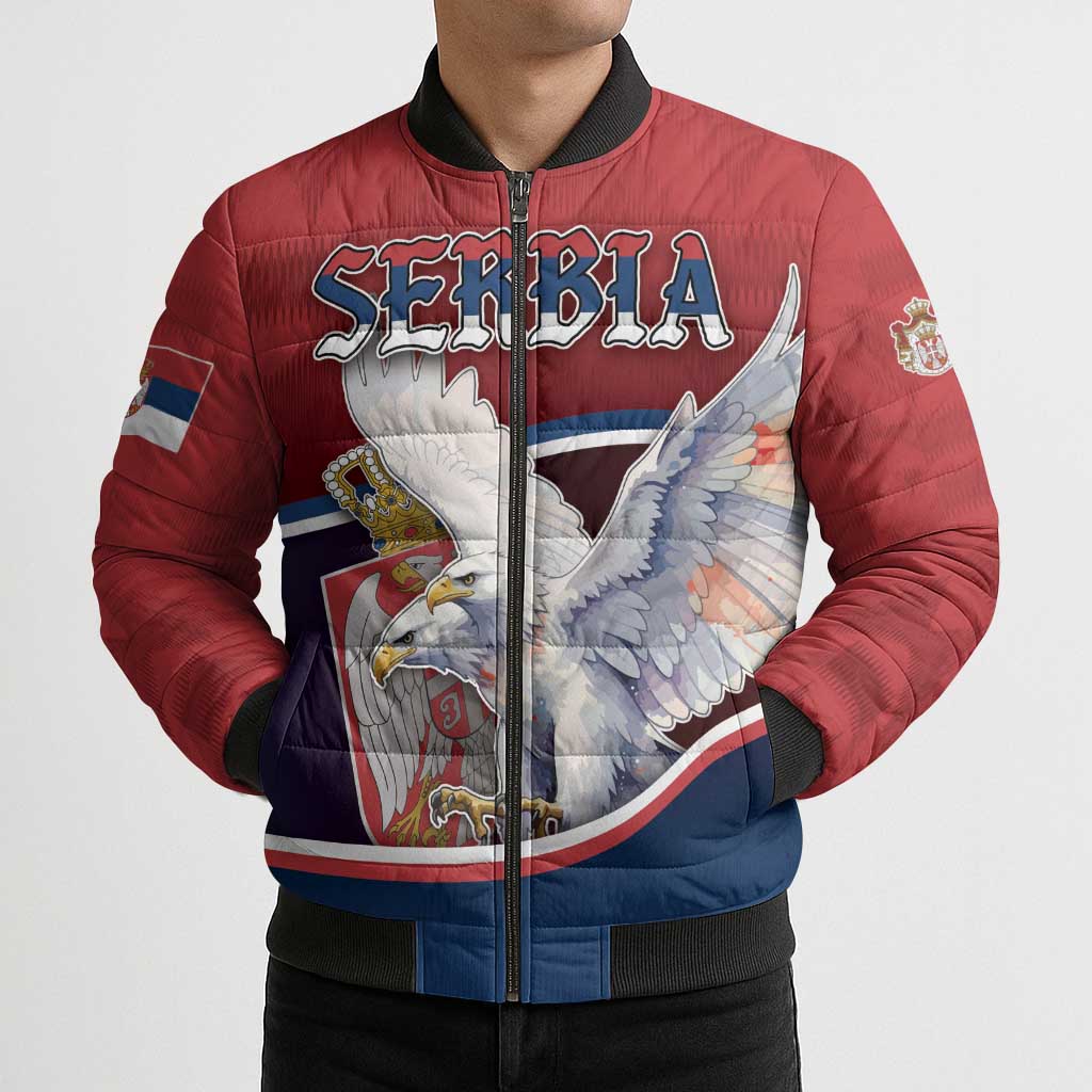 Personalized Serbia Bomber Puffer Jacket White Double Headed Eagle With Coat Of Arms - Wonder Print Shop