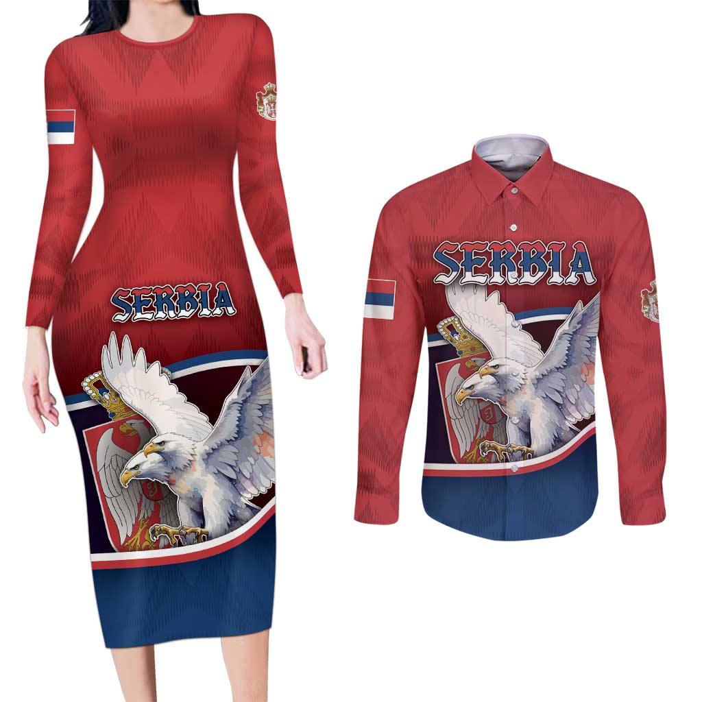 Personalized Serbia Couples Matching Long Sleeve Bodycon Dress and Long Sleeve Button Shirt White Double Headed Eagle With Coat Of Arms - Wonder Print Shop