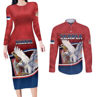 Personalized Serbia Couples Matching Long Sleeve Bodycon Dress and Long Sleeve Button Shirt White Double Headed Eagle With Coat Of Arms - Wonder Print Shop
