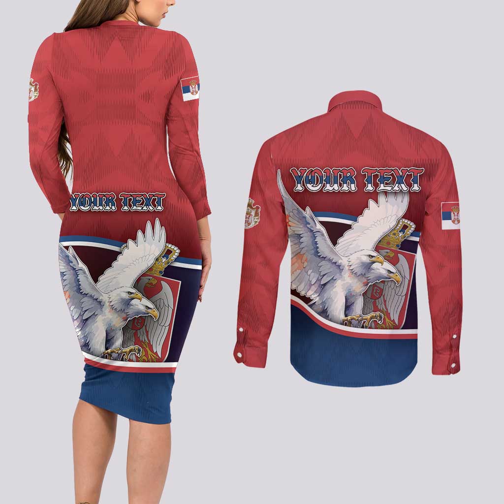 Personalized Serbia Couples Matching Long Sleeve Bodycon Dress and Long Sleeve Button Shirt White Double Headed Eagle With Coat Of Arms - Wonder Print Shop
