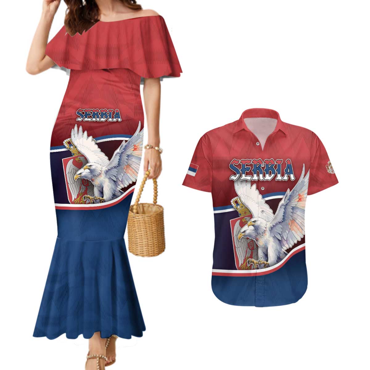 Personalized Serbia Couples Matching Mermaid Dress and Hawaiian Shirt White Double Headed Eagle With Coat Of Arms - Wonder Print Shop
