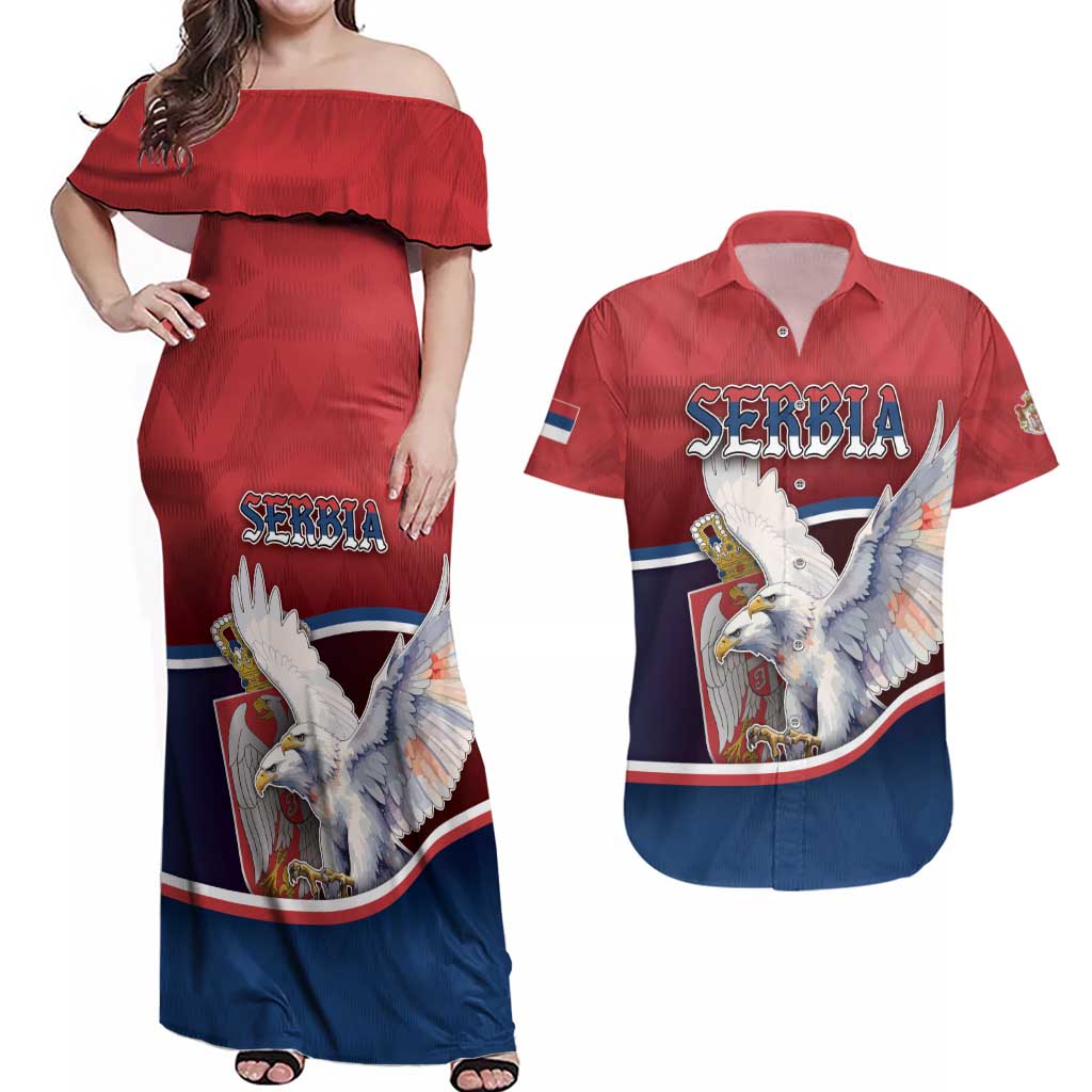 Personalized Serbia Couples Matching Off Shoulder Maxi Dress and Hawaiian Shirt White Double Headed Eagle With Coat Of Arms - Wonder Print Shop