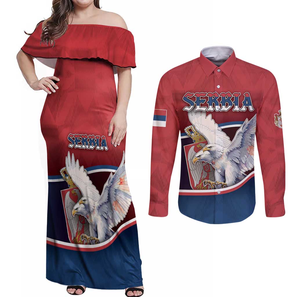 Personalized Serbia Couples Matching Off Shoulder Maxi Dress and Long Sleeve Button Shirt White Double Headed Eagle With Coat Of Arms - Wonder Print Shop