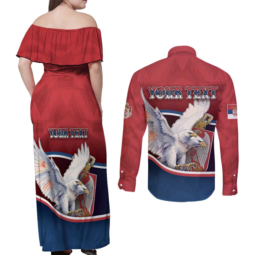 Personalized Serbia Couples Matching Off Shoulder Maxi Dress and Long Sleeve Button Shirt White Double Headed Eagle With Coat Of Arms - Wonder Print Shop