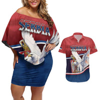 Personalized Serbia Couples Matching Off Shoulder Short Dress and Hawaiian Shirt White Double Headed Eagle With Coat Of Arms - Wonder Print Shop