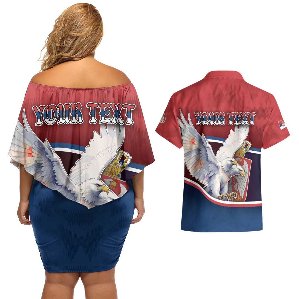 Personalized Serbia Couples Matching Off Shoulder Short Dress and Hawaiian Shirt White Double Headed Eagle With Coat Of Arms - Wonder Print Shop