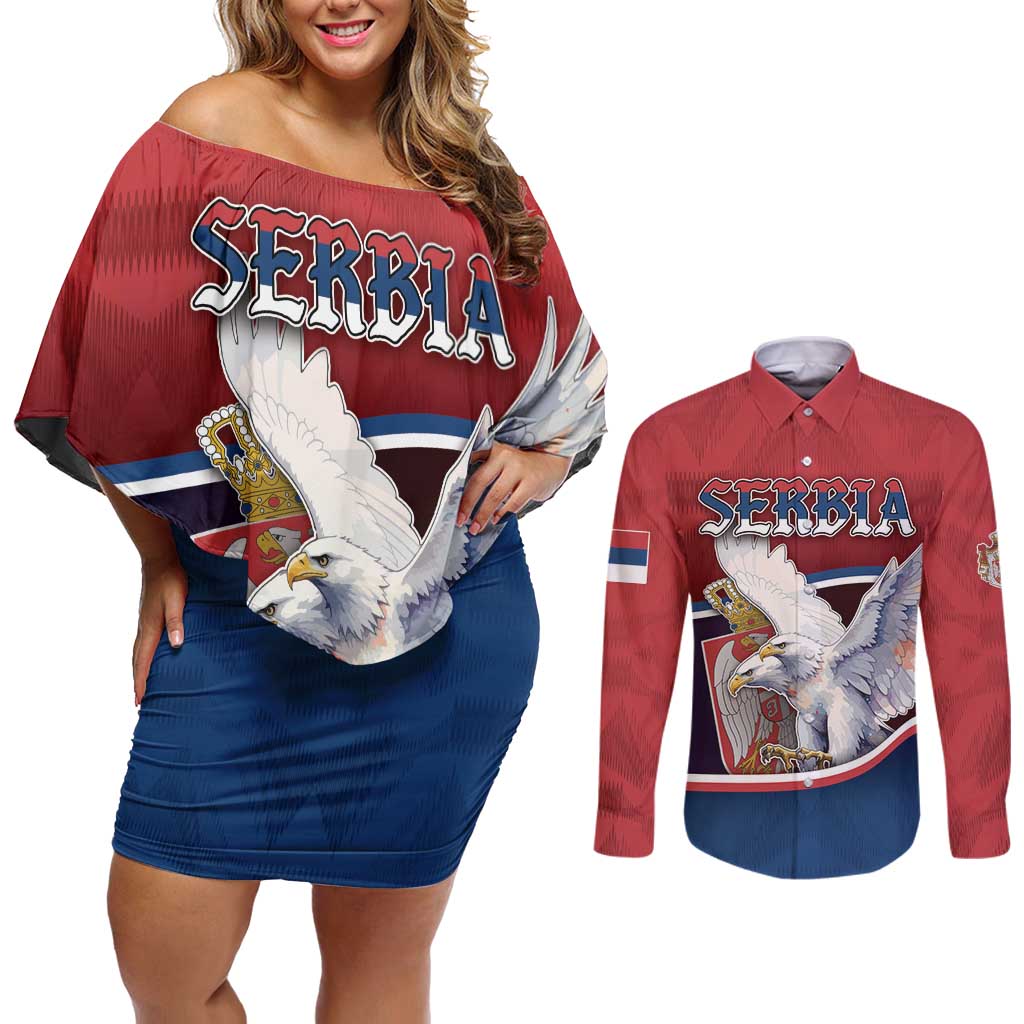 Personalized Serbia Couples Matching Off Shoulder Short Dress and Long Sleeve Button Shirt White Double Headed Eagle With Coat Of Arms - Wonder Print Shop