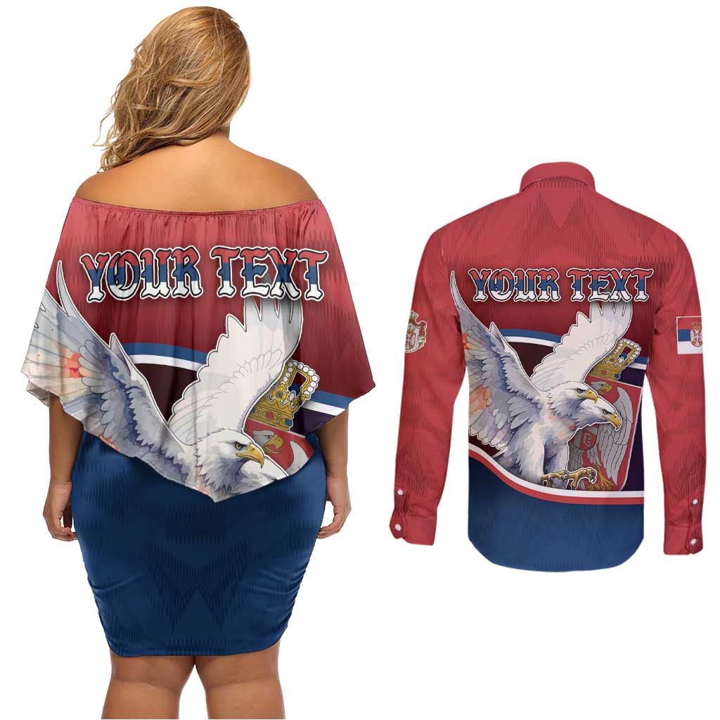 Personalized Serbia Couples Matching Off Shoulder Short Dress and Long Sleeve Button Shirt White Double Headed Eagle With Coat Of Arms - Wonder Print Shop