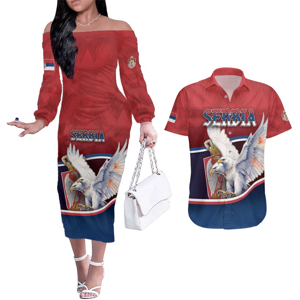 Personalized Serbia Couples Matching Off The Shoulder Long Sleeve Dress and Hawaiian Shirt White Double Headed Eagle With Coat Of Arms - Wonder Print Shop