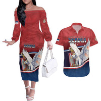 Personalized Serbia Couples Matching Off The Shoulder Long Sleeve Dress and Hawaiian Shirt White Double Headed Eagle With Coat Of Arms - Wonder Print Shop