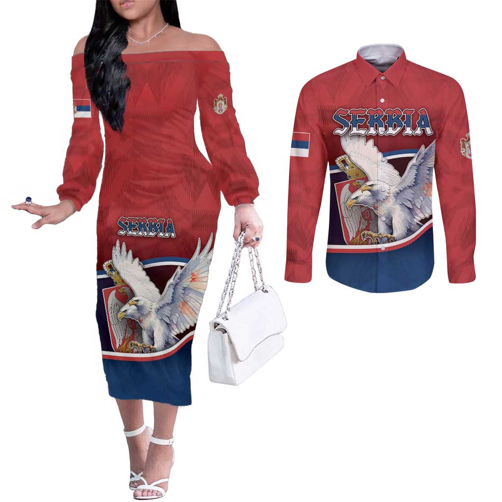 Personalized Serbia Couples Matching Off The Shoulder Long Sleeve Dress and Long Sleeve Button Shirt White Double Headed Eagle With Coat Of Arms - Wonder Print Shop