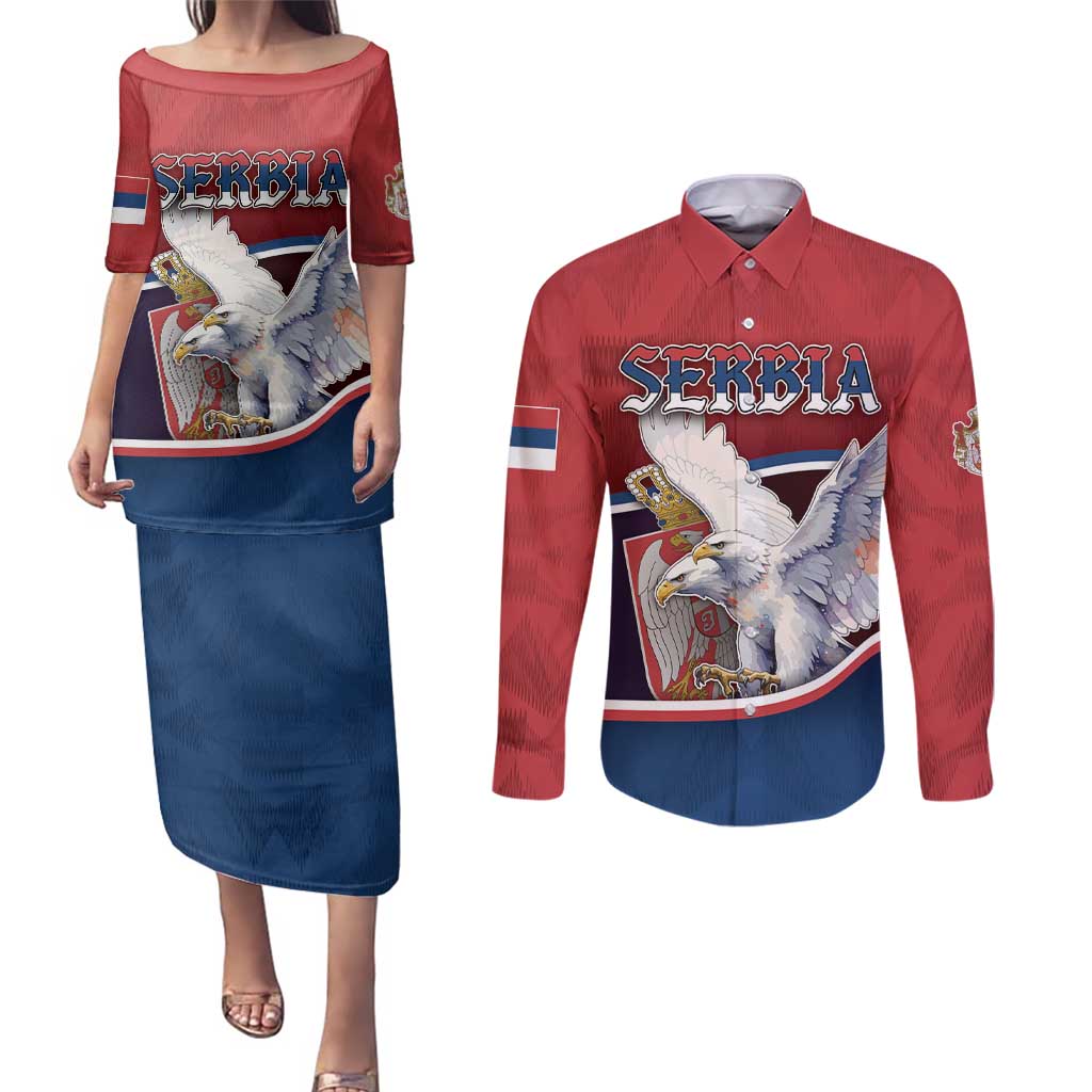 Personalized Serbia Couples Matching Puletasi and Long Sleeve Button Shirt White Double Headed Eagle With Coat Of Arms - Wonder Print Shop