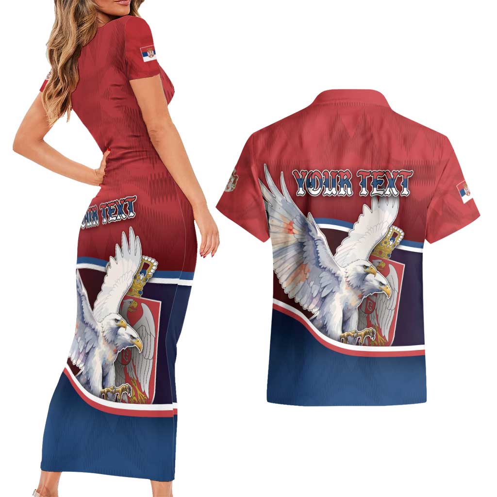 Personalized Serbia Couples Matching Short Sleeve Bodycon Dress and Hawaiian Shirt White Double Headed Eagle With Coat Of Arms - Wonder Print Shop