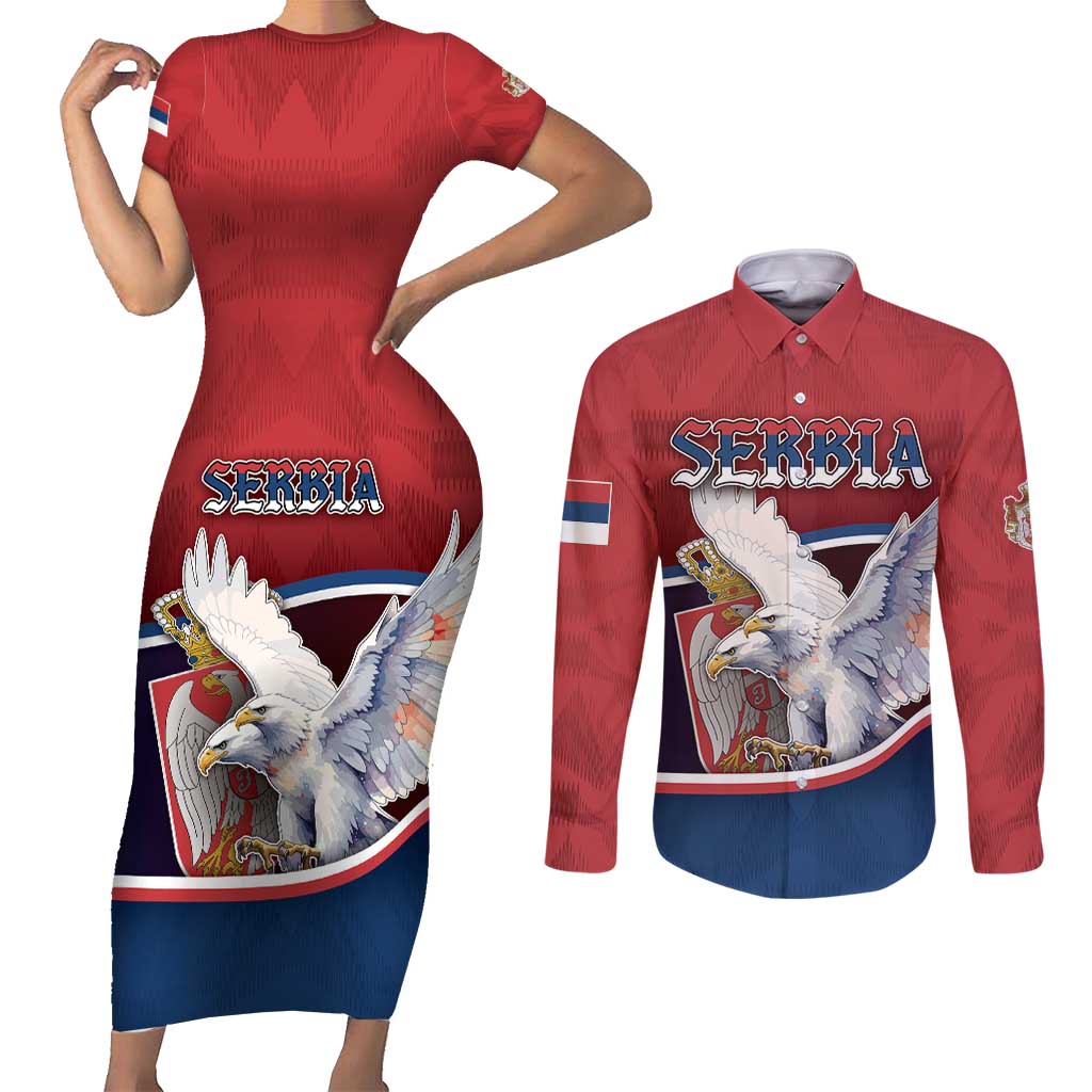 Personalized Serbia Couples Matching Short Sleeve Bodycon Dress and Long Sleeve Button Shirt White Double Headed Eagle With Coat Of Arms - Wonder Print Shop
