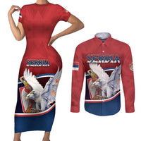 Personalized Serbia Couples Matching Short Sleeve Bodycon Dress and Long Sleeve Button Shirt White Double Headed Eagle With Coat Of Arms - Wonder Print Shop