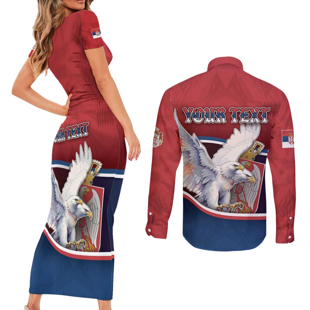 Personalized Serbia Couples Matching Short Sleeve Bodycon Dress and Long Sleeve Button Shirt White Double Headed Eagle With Coat Of Arms - Wonder Print Shop