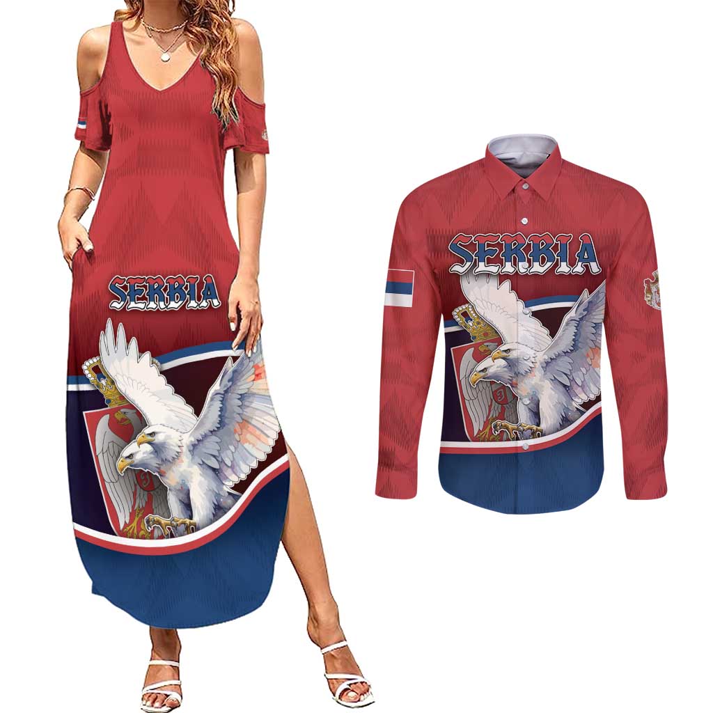 Personalized Serbia Couples Matching Summer Maxi Dress and Long Sleeve Button Shirt White Double Headed Eagle With Coat Of Arms - Wonder Print Shop